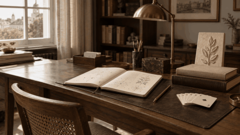 Рабочее место автора с книгами, картами и гипсовым рельефом